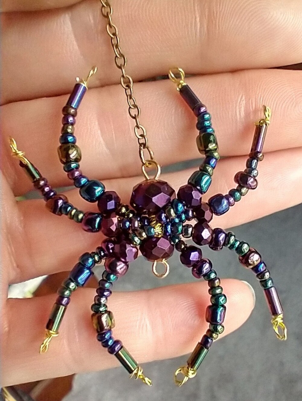 Hand Crafted • Beaded Iridescent Purple Spider Pendant